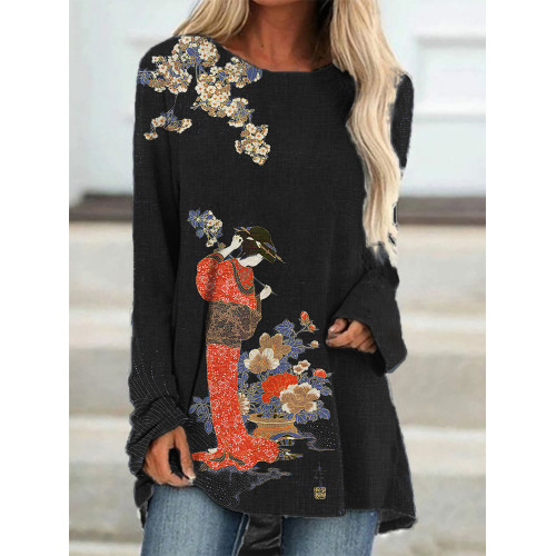 Elegant Japanese Geisha with Flowers Art A Line T Shirt