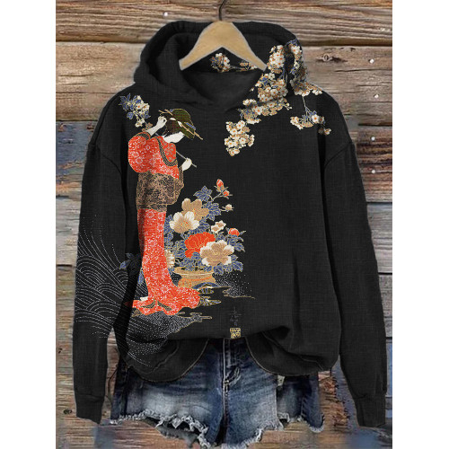Elegant Japanese Geisha with Flowers Art Hoodie