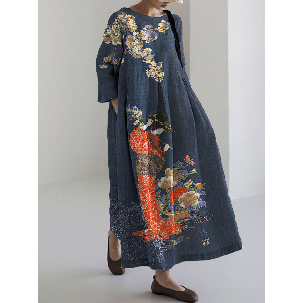 Elegant Japanese Geisha with Flowers Art Linen Blend Maxi Dress