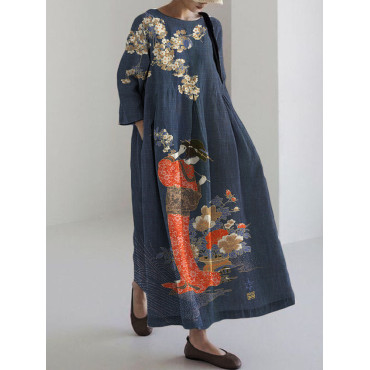 Elegant Japanese Geisha with Flowers Art Linen Blend Maxi Dress