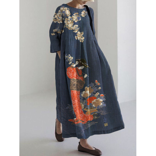 Elegant Japanese Geisha with Flowers Art Linen Blend Maxi Dress