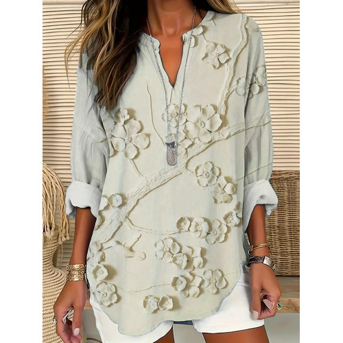 Embossed Plum Art Linen V-Neck Shirt