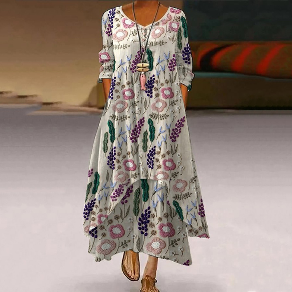Embroidered Art Flower Print Casual Maxi Dress