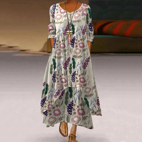 Embroidered Art Flower Print Casual Maxi Dress
