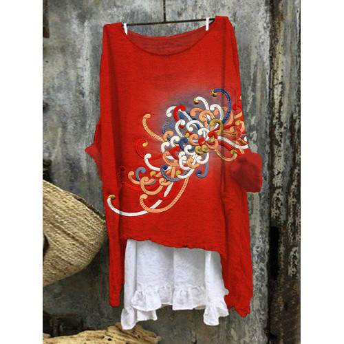 Embroidered Japanese Flower Art Linen Blend Flowy Tunic