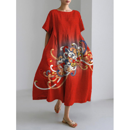 Embroidered Japanese Flower Art Linen Blend Maxi Dress