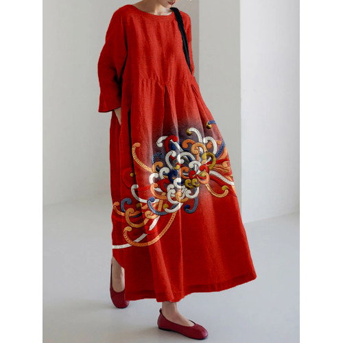 Embroidered Japanese Flower Art Linen Blend Maxi Dress