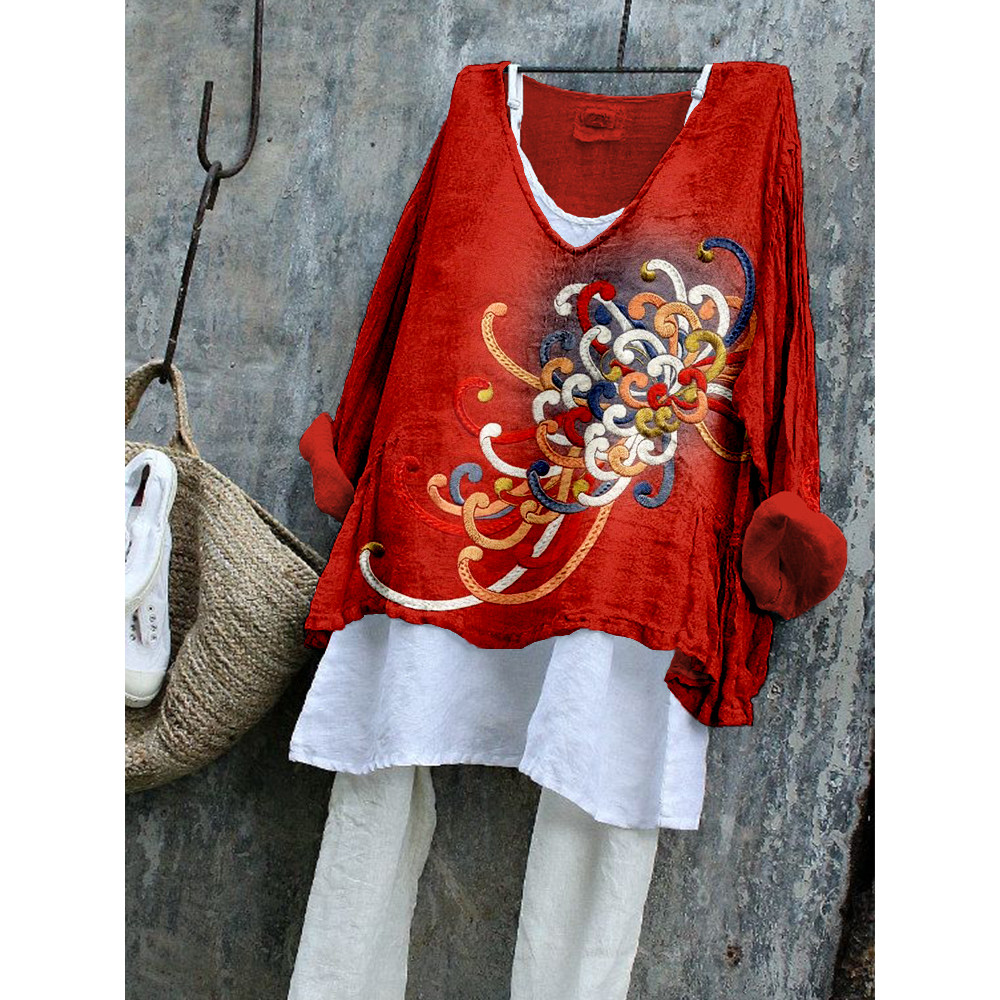 Embroidered Japanese Flower Art Linen Blend Tunic