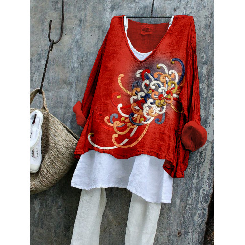 Embroidered Japanese Flower Art Linen Blend Tunic