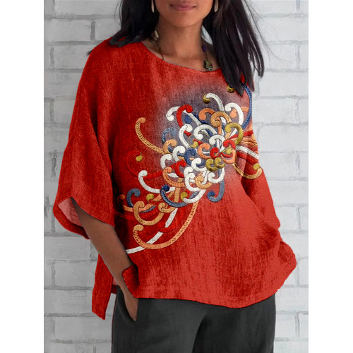 Embroidered Japanese Flower Art Linen Blend Tunic