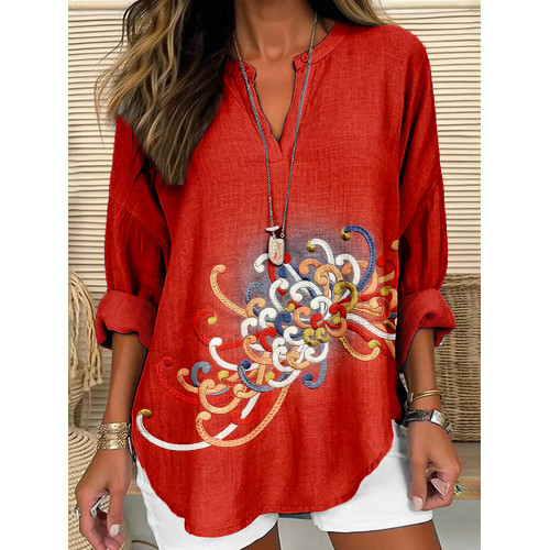 Embroidered Japanese Flower Art Linen Blend Tunic