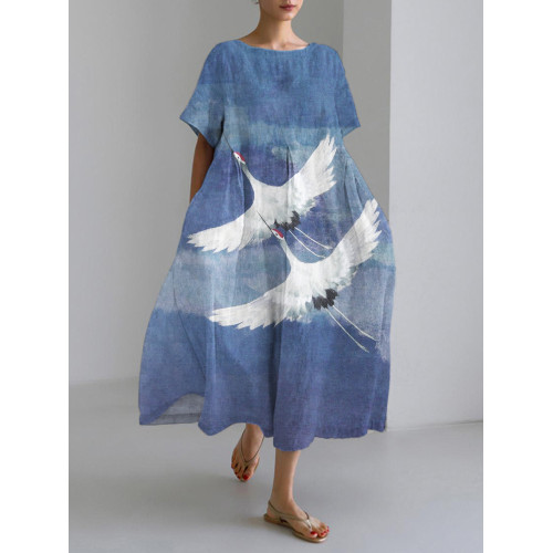 Fairy Crane Sky Japanese Print Linen Maxi Dress