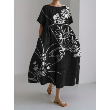 Fan Floral Japanese Art Linen Blend Maxi Dress