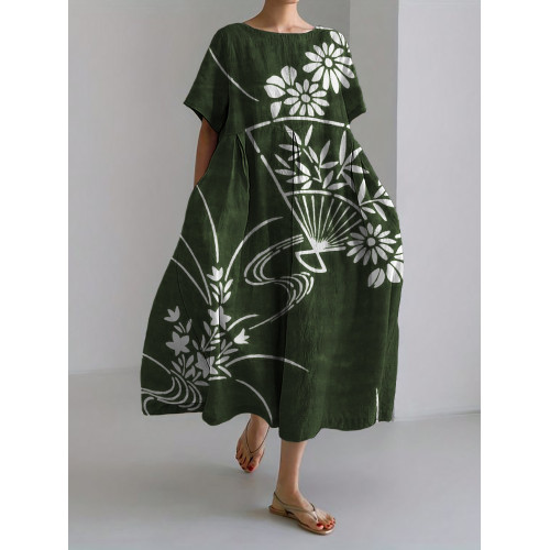 Fan Floral Japanese Art Linen Blend Maxi Dress
