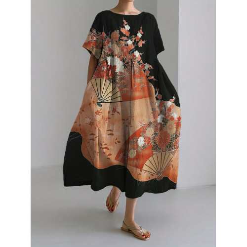Fans & Cherry Blossom Floral Japanese Art Linen Blend Maxi Dress