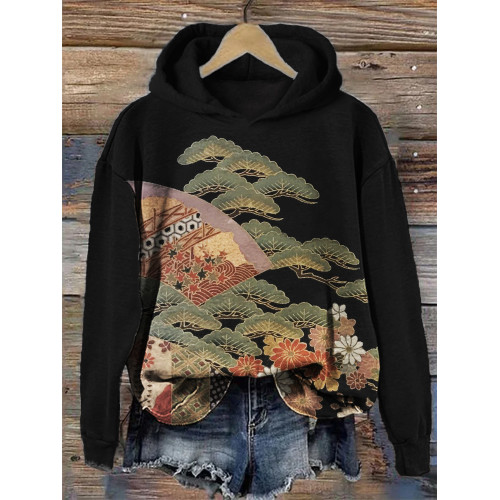 Fans & Pine Trees Floral Japanese Art Hoodie