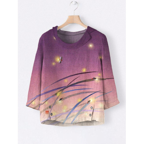 Firefly & Orchid Grass Japanese Print Linen Lapel Shirt