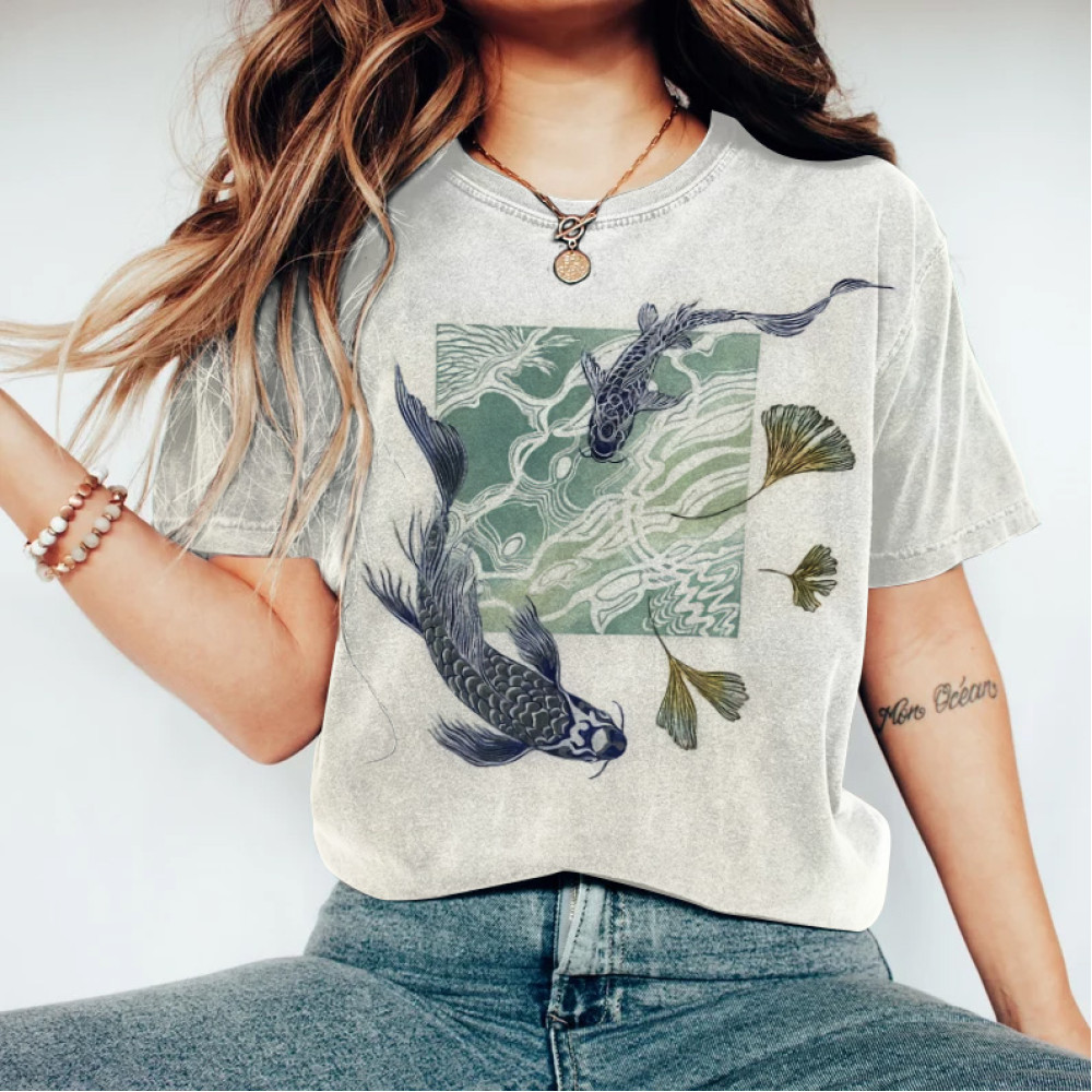 Fish Print Crew Neck Short Sleeve T-Shirt