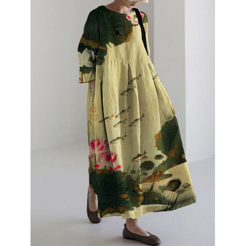 Fish & Lotus Pond Japanese Art Linen Blend Maxi Dress