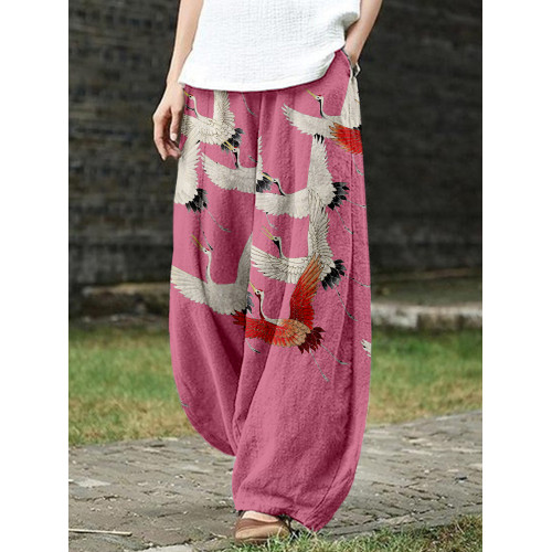 Flock of Japanese Red Crowned Cranes Linen Blend Casual Pants