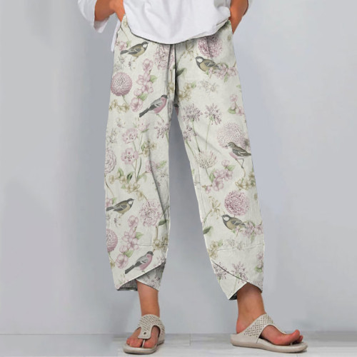 Floral And Bird Print Loose Casual Pants