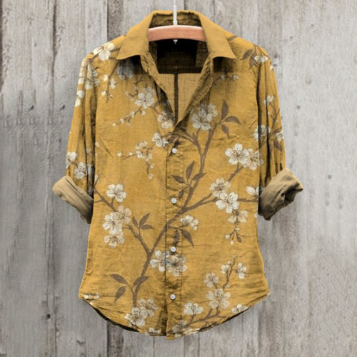 Floral Art Print Long Sleeve Cotton And Linen Shirt