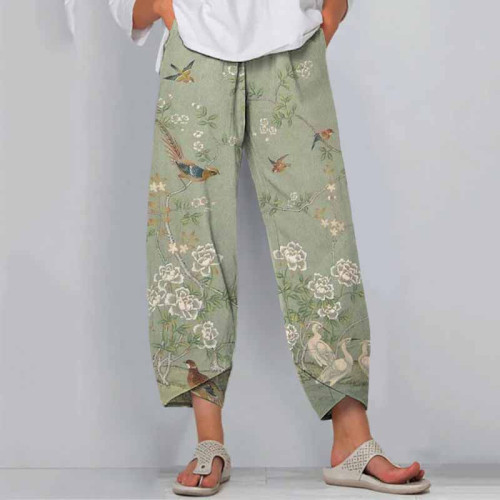 Floral Bird Print Loose Casual Pants