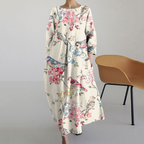 Floral Bird Round Neck Long Sleeve Midi Dress