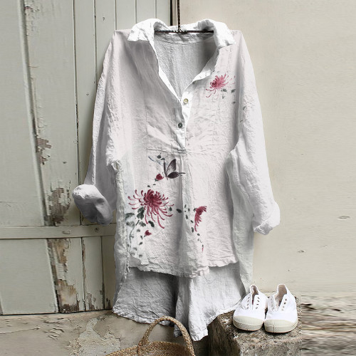 Floral Butterfly Ink Painting Art Cotton Blend Long Sleeve Casual Shirt