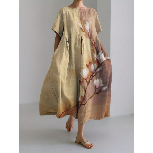 Floral Contrast Japanese Art Linen Blend Maxi Dress