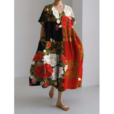 Floral Japanese Contrast Art Linen Blend Maxi Dress