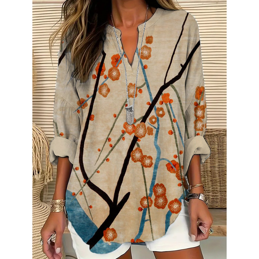 Floral Japanese Print Linen Long Sleeve V-Neck Shirt