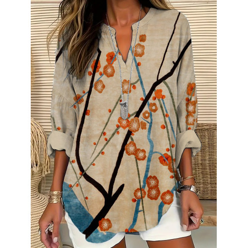 Floral Japanese Print Linen Long Sleeve V-Neck Shirt