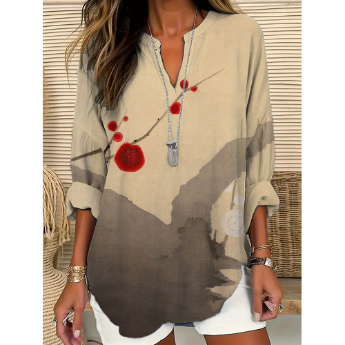 Floral Japanese Print Linen Long Sleeve V-Neck Shirt