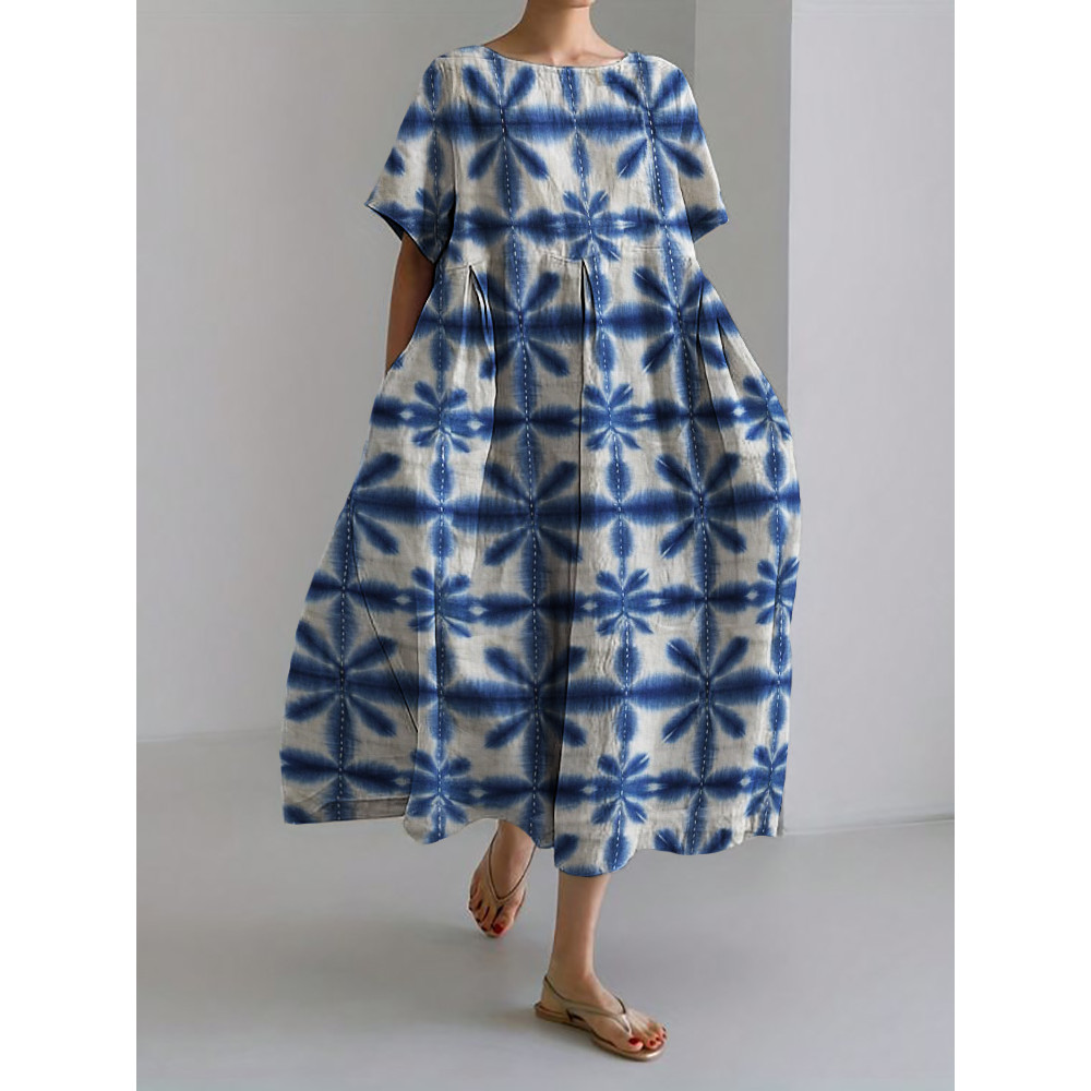 Floral Japanese Tie Dye Pattern Linen Blend Maxi Dress