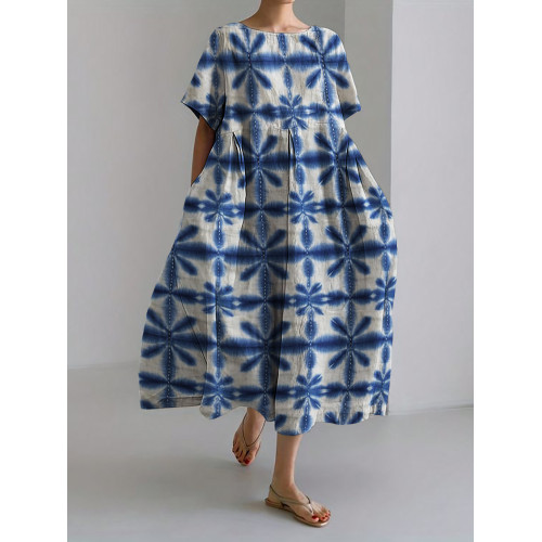 Floral Japanese Tie Dye Pattern Linen Blend Maxi Dress