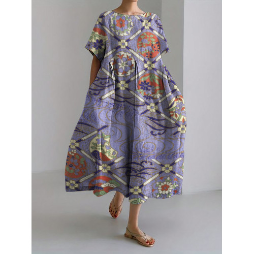 Floral Japanese Traditional Linen Blend Maxi Dress