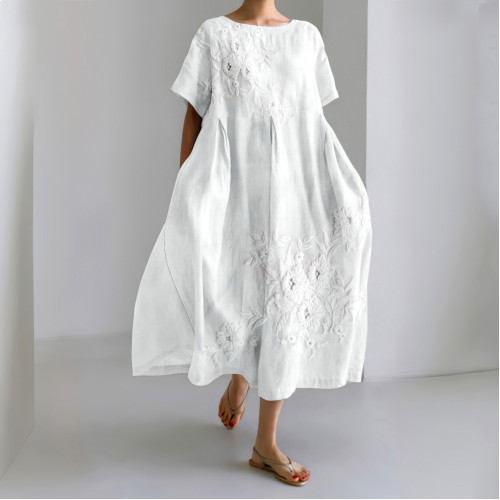 Floral Lace Embroidery Art Linen Blend Maxi Dress