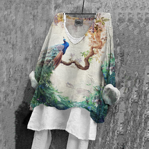 Floral Peacock Pattern V-Neck Top