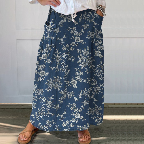 Floral Print Casual Loose Pocket Skirt
