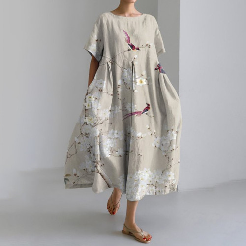 Floral Print Crew Neck Short Sleeve Loose Midi Dress
