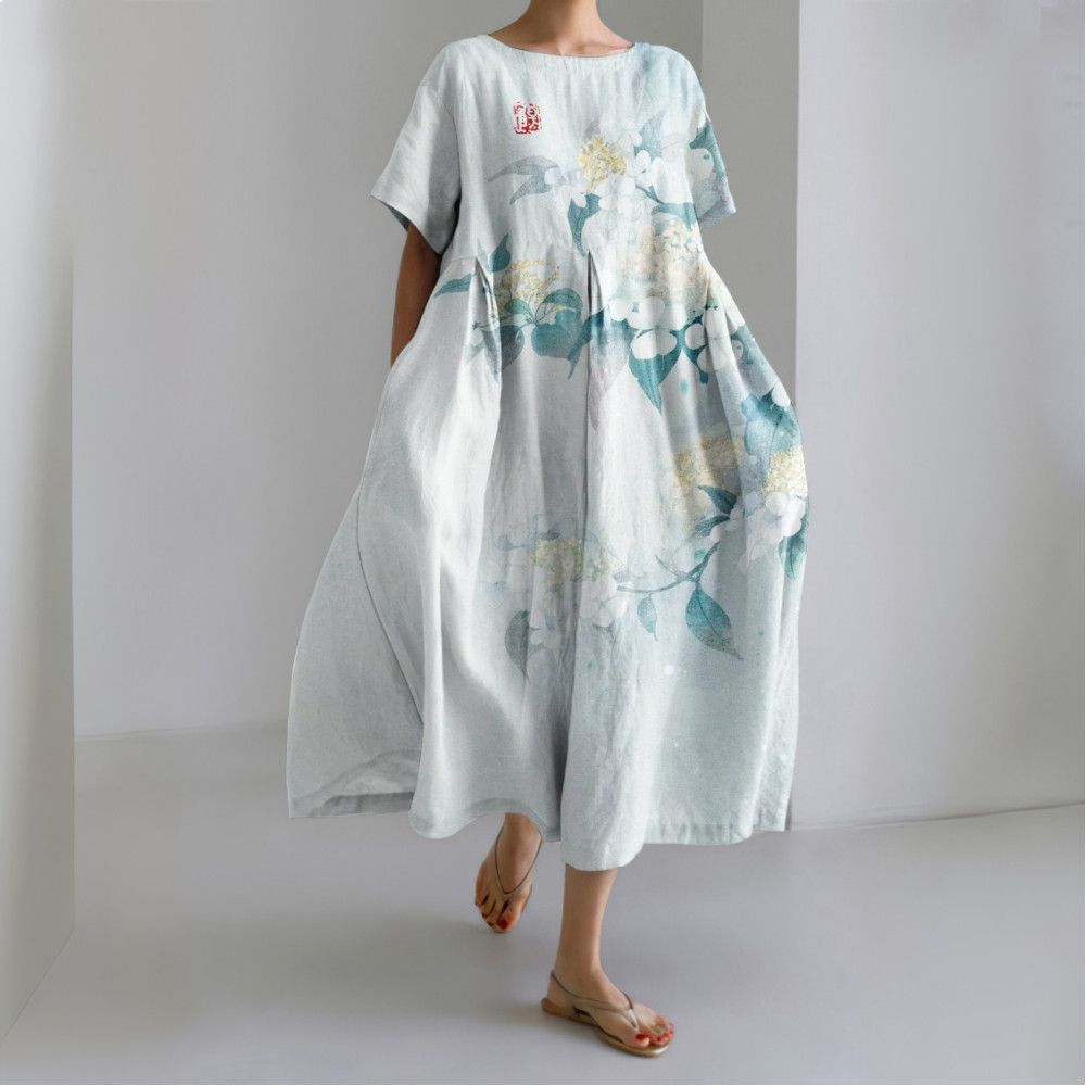 Floral Print Crew Neck Short Sleeve Midi Dress