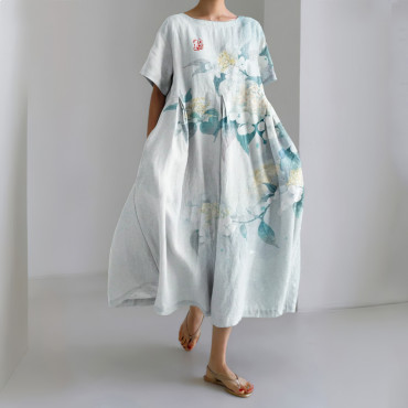 Floral Print Crew Neck Short Sleeve Midi Dress