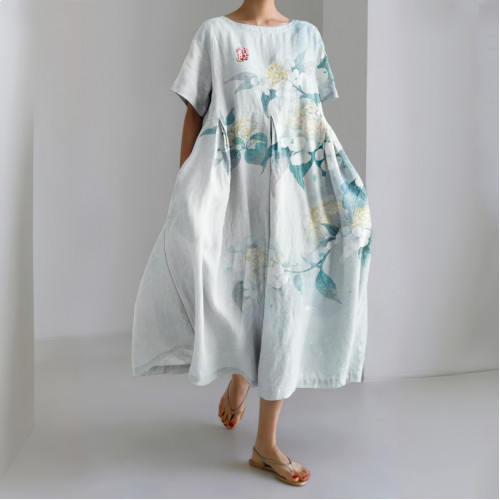 Floral Print Crew Neck Short Sleeve Midi Dress