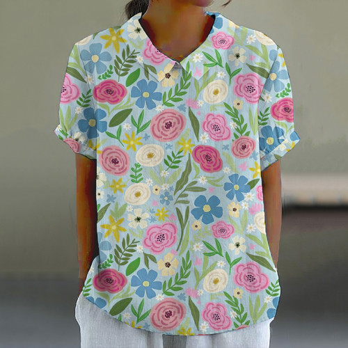 Floral Print Lapel Short Sleeve Blouse