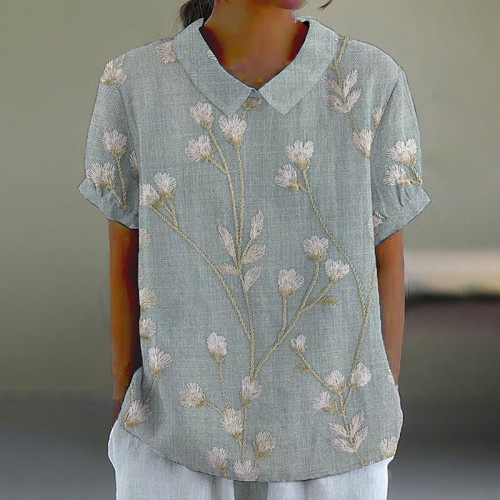 Floral Print Lapel Short Sleeve Casual Blouse