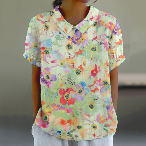Floral Print Lapel Short Sleeve Casual Blouse