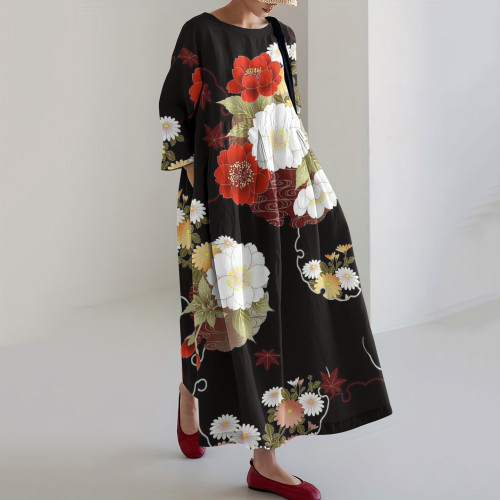 Floral Print Round Neck Loose Midi Dress