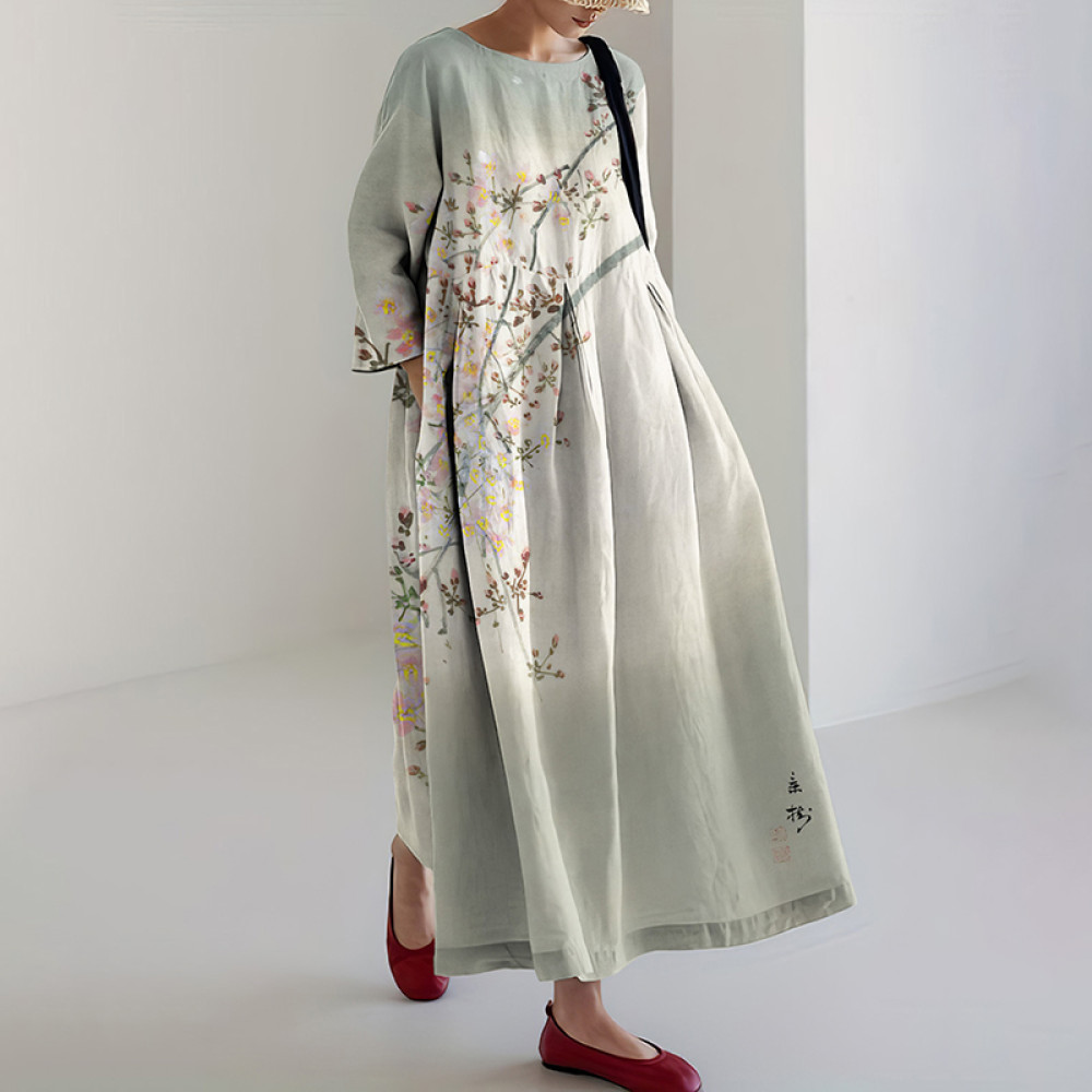 Floral Print Round Neck Loose Midi Dress