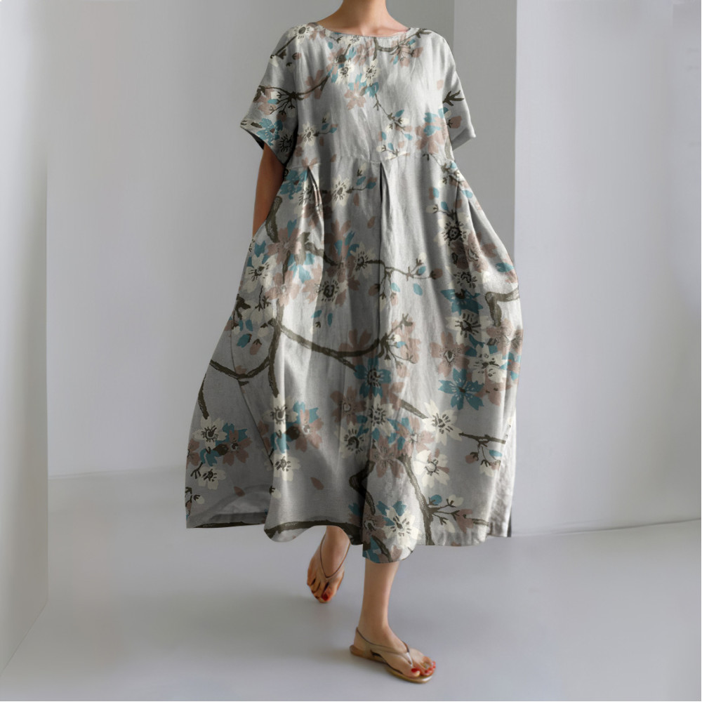 Floral Print Round Neck Short Sleeve Loose Midi Dress